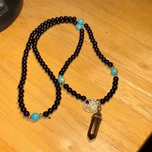031)Black with turquoise and tiger eye pendant Mala Necklace